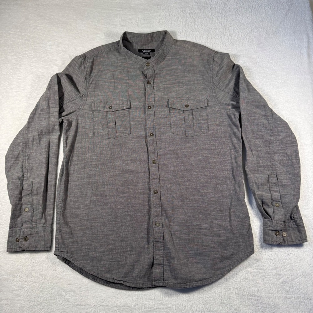 Structure Collection Band Collar Shirt Mens XL Gray Slim Fit Utility Pockets